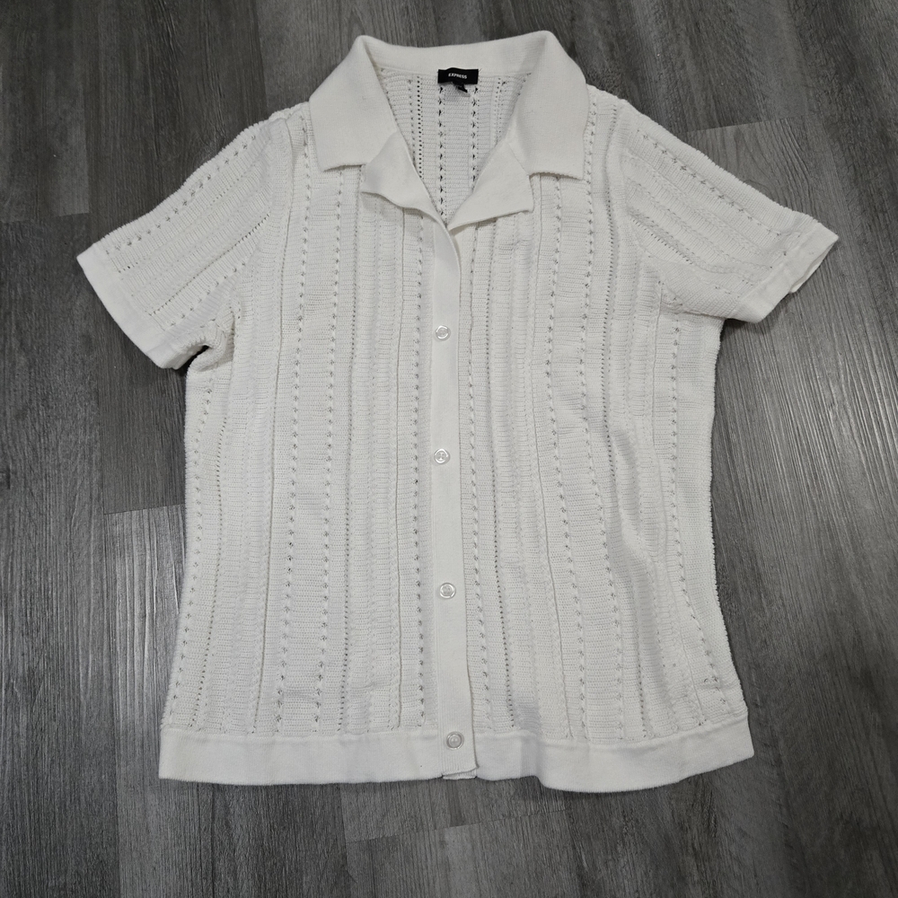 Express Men's White Button-Up Knit Sweater Polo